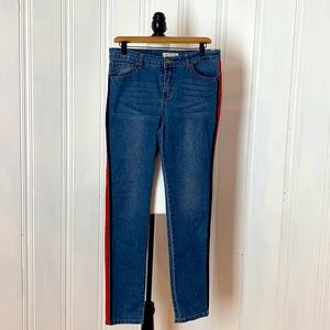 SWEET JEANS high waisted skinny jeans with navy & red racing stripe